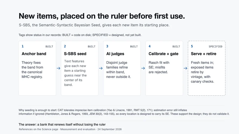 New items, placed on the ruler before first use. Five steps: 1 anchor band, built; 2 seed, built, text features give each new item a starting guess near the center of its band; 3 AI judges from disjoint families refine within the band, built; 4 calibrate and gate, Rasch fit with standard error, misfits rejected, built; 5 serve and retire, specified, not yet built.